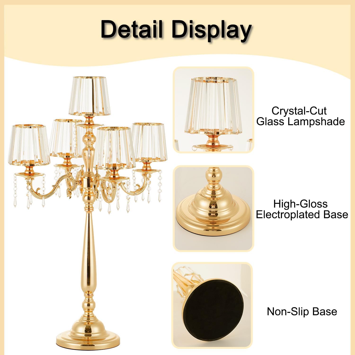 5 Arms Crystal Gold Candelabra Centerpiece | 33 Inch Tall Candle Holder with Glass Shade,Table Decor for Wedding Anniversary Dinner Party Home Gift