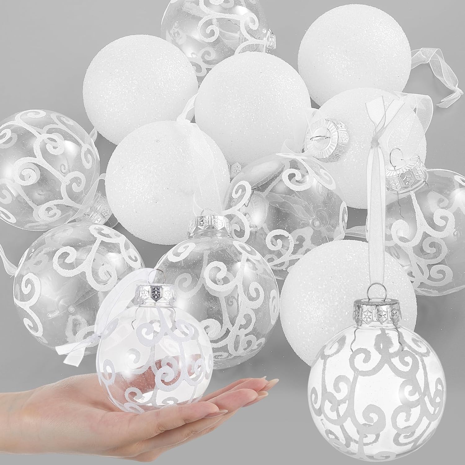 Halloscume 12 Pcs Large Glitter Christmas Ornaments Balls, 3.15 Inch Plastic Hanging Christmas Tree Ball, Glitter Snowball & White Swirl Transparent with White Ribbon for Xmas Tree Home Wedding Party