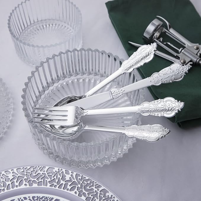 BUCLA 600PCS Silver Plastic Silverware - Heavy Duty Disposable Plastic Cutlery - Include 200 Forks, 200 Spoons, 200 Knives in Silver for Parties, Weddings & Christmas