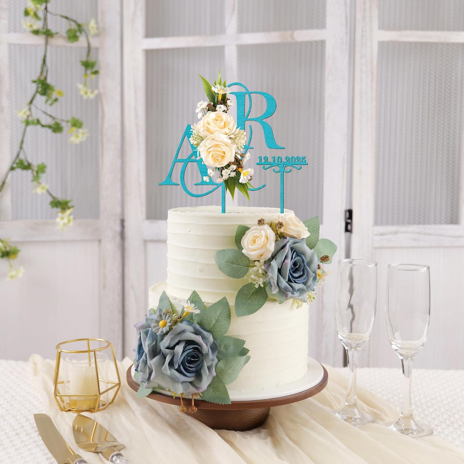 Personalized Wedding Cake Topper with 3D Artificial Flowers and Green Leaves Custom Initials Wooden Anniversary Cake Decoration