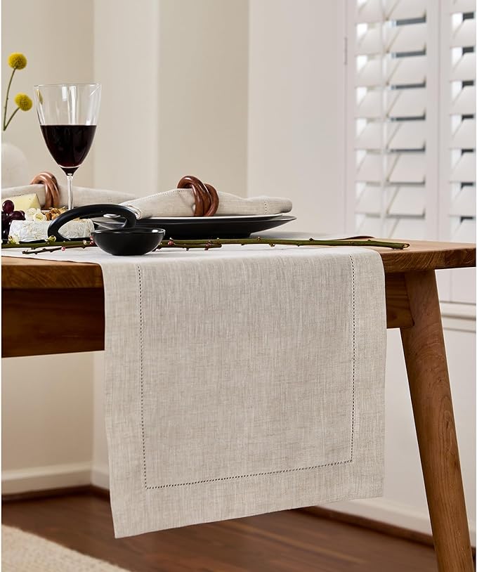 Solino Home Linen Light Natural Table Runner 48 Inches - Classic Hemstitch, 100% Pure Linen Coffee Table Runner 14 x 48 Inch Ideal for Dresser Tables - Fall, Autumn, Halloween, Thanksgiving, Christmas