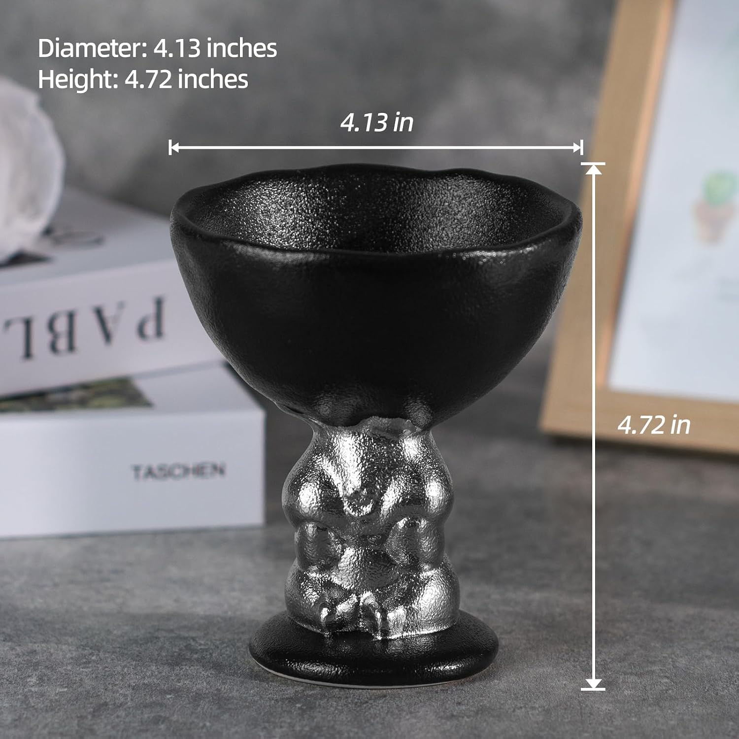 KAMMAK Ceramic Candle Holder with Silver Rabbit Figurine Base -Matte Black Scalloped Bowl Pedestal Stand for Pillar Candles, Animal-Inspired Design Black Rabbit High-Foot Bowl Candle Holder
