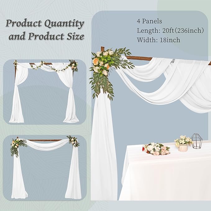 4 Panels Wedding Arch Draping Fabric 28" x 20Ft Wedding Arch Drapes Chiffon Fabric Drape Sheer Backdrop Curtain for Weddings Party Swag Ceremony Birthday Arbor Drapery Reception Ceiling Decor(White)