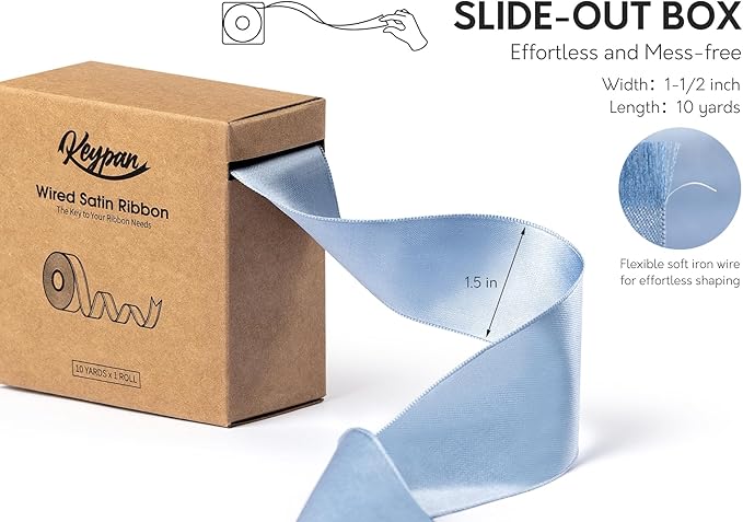 Blue Satin Ribbon Double-Faced Wired Ribbons for Gift Wrapping Flower Bouquet Bows Wedding Invitation Christmas Decor Crafts 1-1/2 Inch 10 Yards