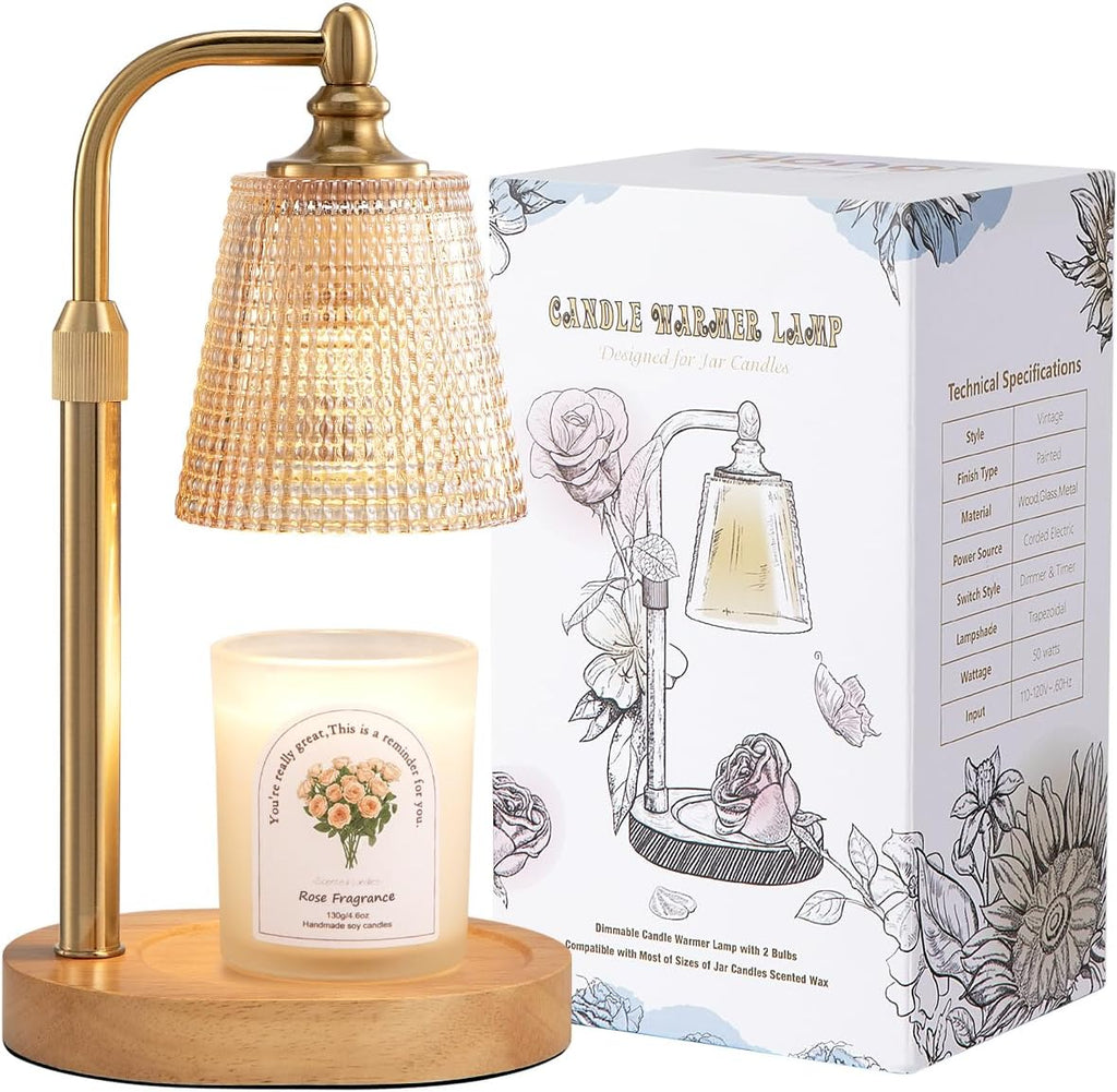 Hong-in Candle Warmer Lamp with Timer Dimmer, Birthday Gifts for Women, House Warming Gifts for New Home, Vintage Room Decor, Adjustable Height Candle Lamp, Wax Warmer for Scented Jar Candles