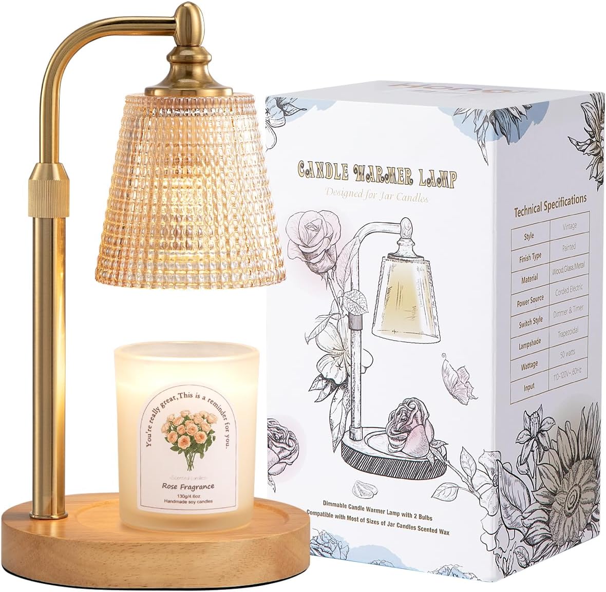 Hong-in Candle Warmer Lamp with Timer Dimmer, Birthday Gifts for Women, House Warming Gifts for New Home, Vintage Room Decor, Adjustable Height Candle Lamp, Wax Warmer for Scented Jar Candles