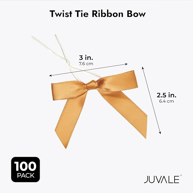 Juvale Satin Twist Tie Bows - Gold Twist Tie Bow Accents - Mini Ribbons for Crafts & Treat Bag Decor - 100 Pack, 3 x 2.5 in, 5.7 in Bands