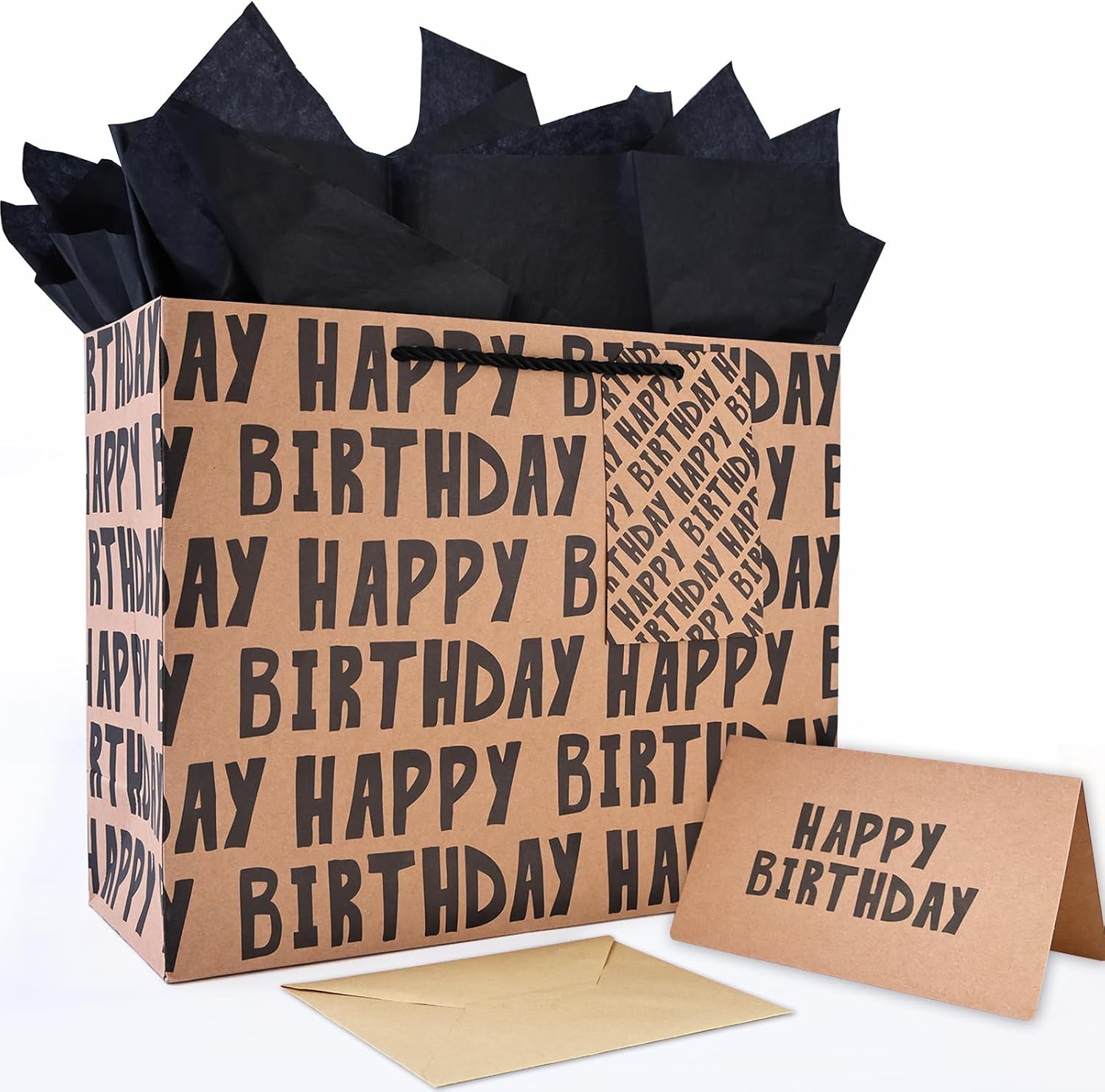 JAYTEM Birthday Gift Bag, Kraft Paper Large Gift Bag, Classic Black Lettering Design Happy Birthday Bag Set with Greeting Card, Tag, Envelope & Tissue Paper for Men, Boys, Kid