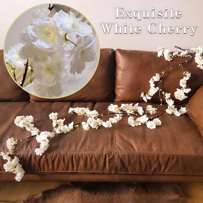 Fudios Lighted White Cherry Blossom Garland Decor with Timer 96 LED Fairy Lights 6FT for Mantle,Artificial Flower Vine with Lights Battery Operated Valentines Wedding Party Indoor Outdoor