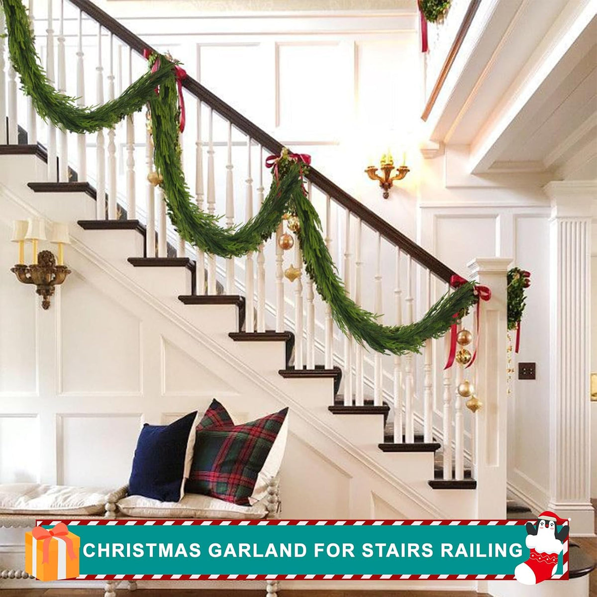 6 ft realistic christmas garland,natural droopy,soft bendable lifelike, side view