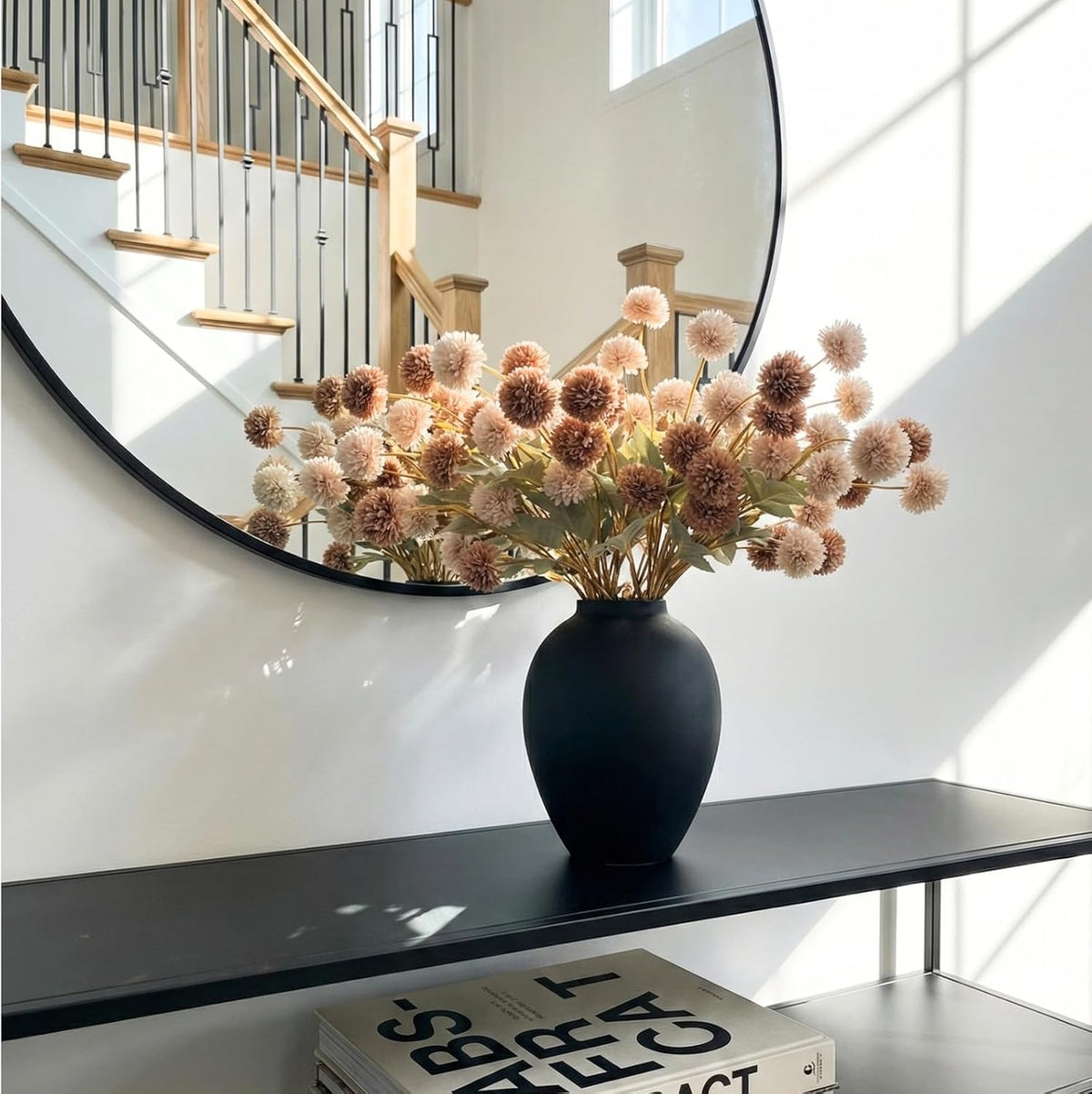artificial beige & brown kiku flowers with eucalyptus showing dimensions