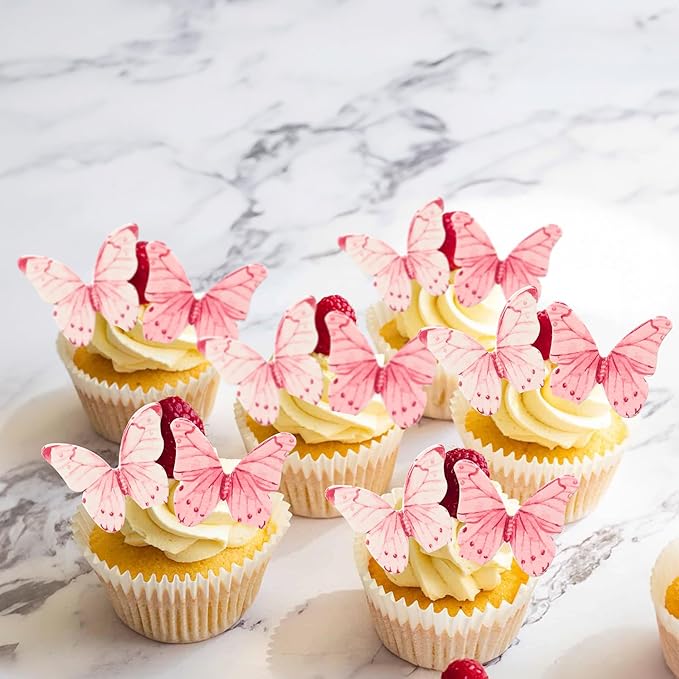 Ephlyn 40Pcs Edible Butterfly Cupcake Toppers 3D Butterfly Cake Picks Mixed Color Cake Decorations for Baby Shower Wedding Kids Birthday Party Supplies Pink