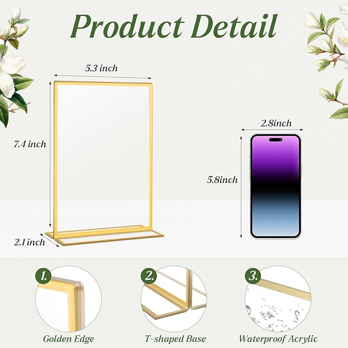 20 Pack Gold Acrylic Sign Holders 5x7 Inch, Double Sided Vertical Stand Clear Picture Frames, Table Menu Display Holders for Wedding Table Numbers, Restaurant Signs, Event and Office Photos