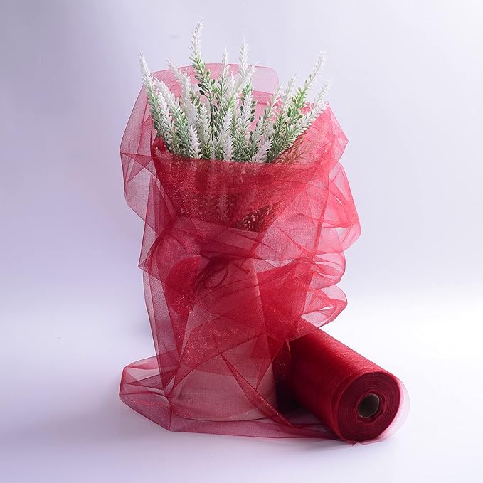 Crystal Organza Fabric Tulle - 16" by 50 Yards Sheer Fabric for Wedding Party Decoration Bridal Shower Tutu Roll Netting Spool Ribbon Wrapping (Burgundy)
