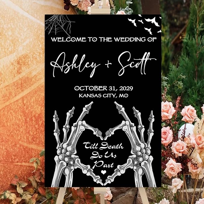 Gothic Halloween Wedding Welcome Sign, Til Death Do Us Part, 4mm Thick Plastic, 12"x18", Ground Stake