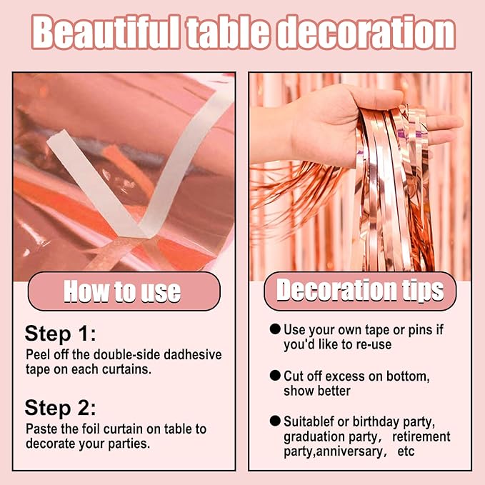 3 Pack 29 x108 Inch Rose Gold Foil Fringe Table Skirts Metallic Banner for Tinsel Streamer Garland Backdrop for Parade Floats Wedding Thanksgiving Birthday Christmas New Year Party Decoration