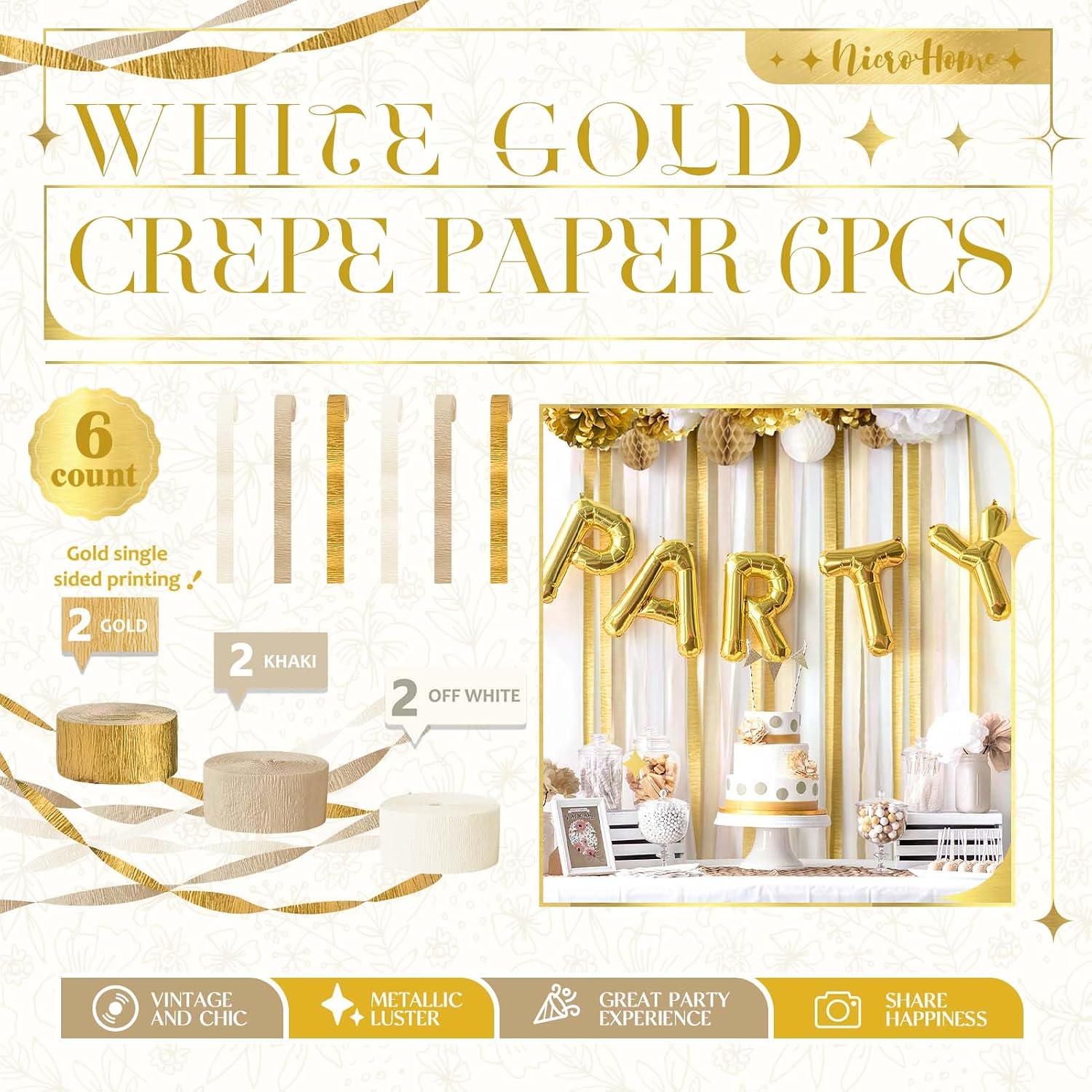 NICROHOME EUR Wedding Decorations, 6 Rolls Ivory White Gold Light Brown Crepe Paper Streamers for Bridal Shower, Birthday Party, Golden Engagement Party, New Year Decorations 82 Ft Long