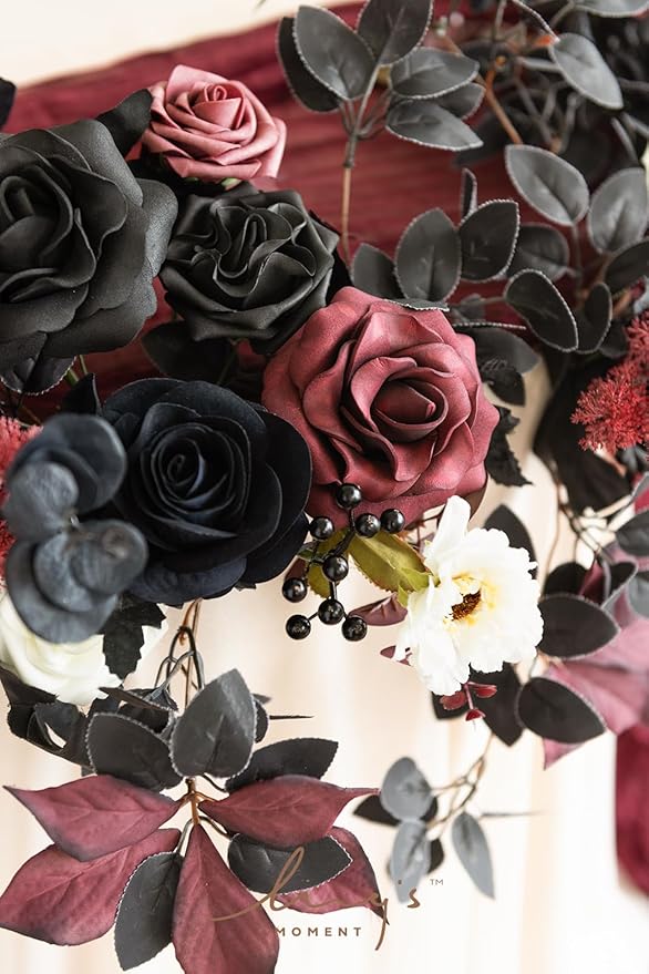 Ling's Moment Flower Garland - 6FT Eucalyptus & Rose - Sweetheart Table Decor for Wedding Reception, Artificial Floral Garland for Mantle, Thanksgiving, Christmas Decoration, Black & Burgundy