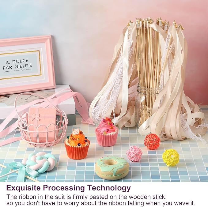 Sumind 40 Pieces Ribbon Wedding Streamers with Bells, Lace Fairy Wand Stick Party Ribbon Streamers Chromatic Silk Streamers for Party, Birthday and Holiday (Champagne)
