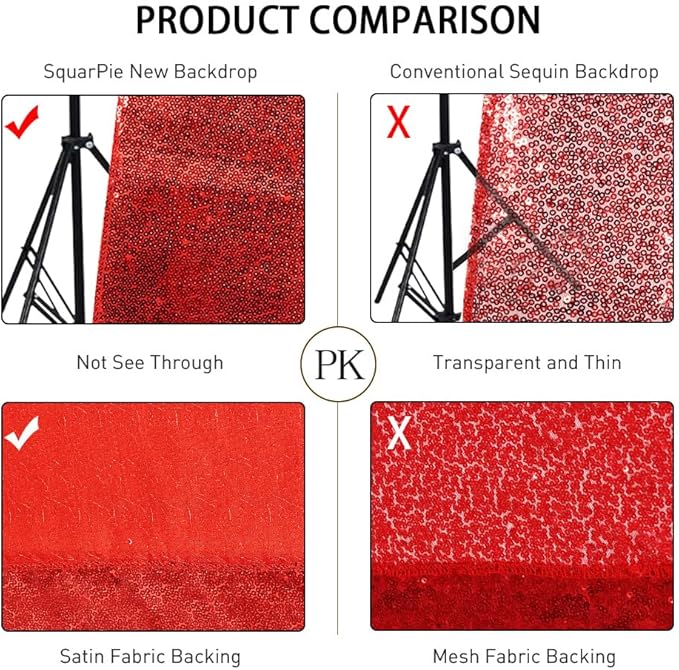 SquarePie Sequin Backdrop Less Transparent Background Sparkly Curtain for Wedding Christmas Party 6FT x 8FT Red