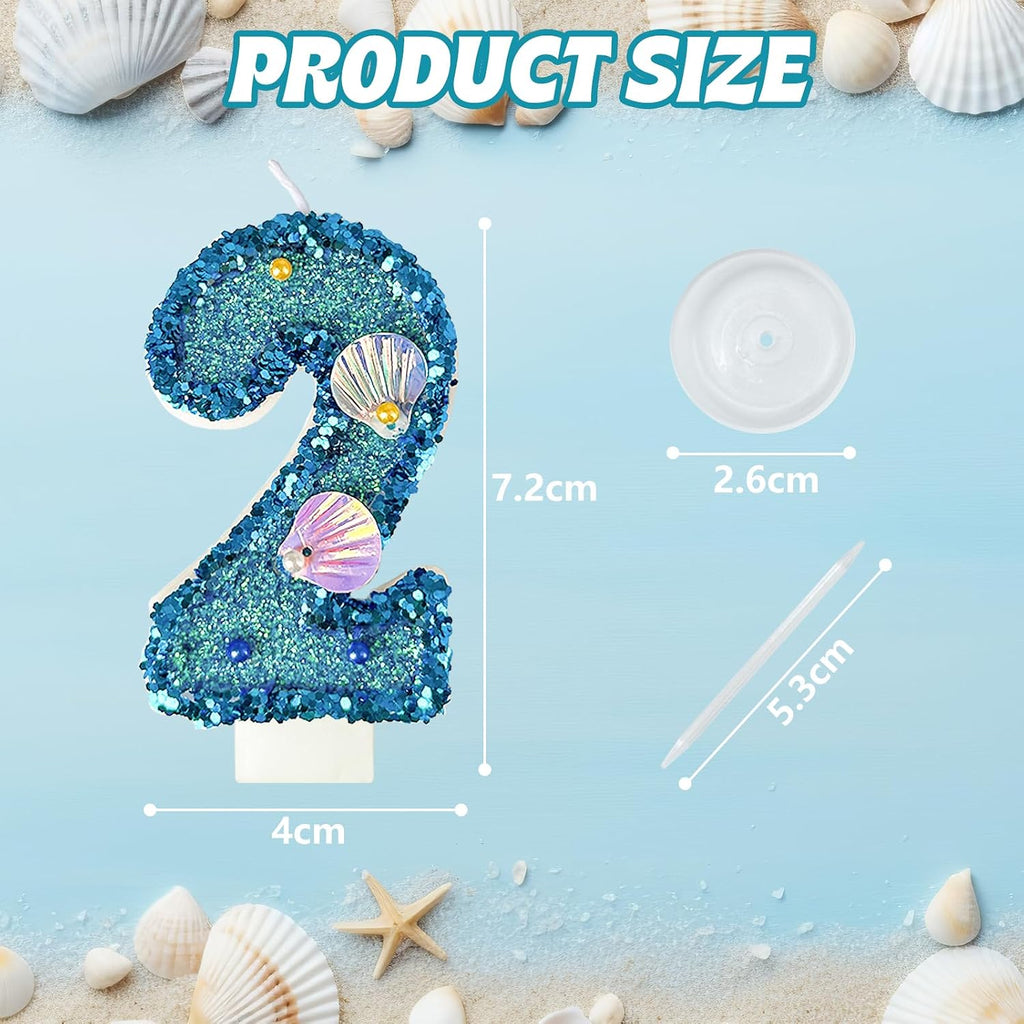 Blue Shell Sequin Number Candle Birthday Cake Number Candle for Mermaid Theme Party, Wedding, Party, Party Decoration Supplies (2)