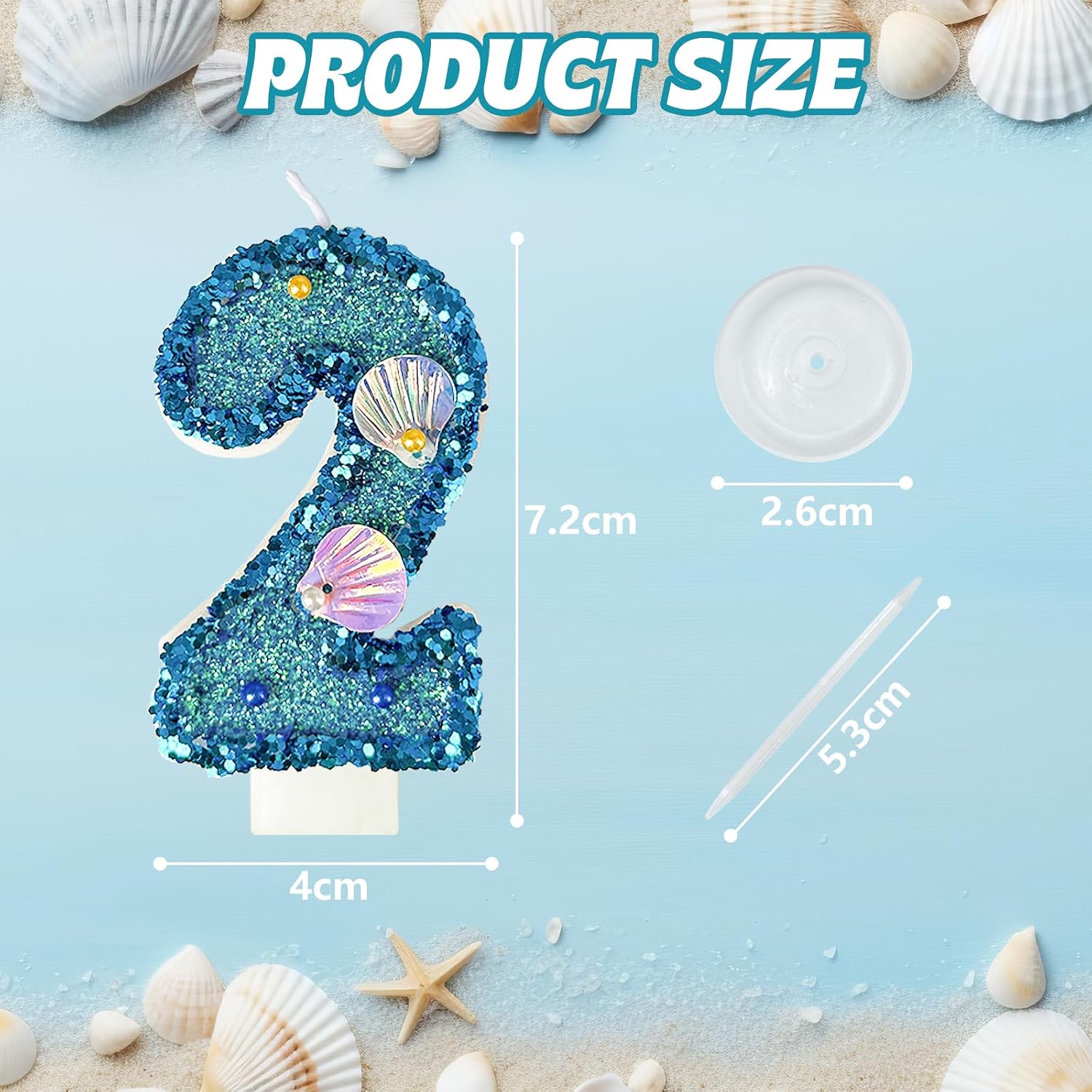 Blue Shell Sequin Number Candle Birthday Cake Number Candle for Mermaid Theme Party, Wedding, Party, Party Decoration Supplies (2)