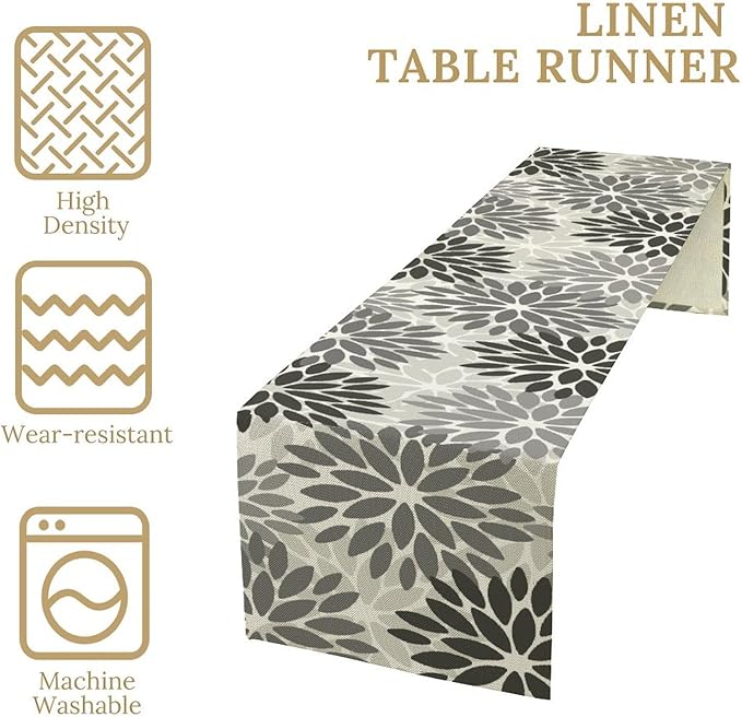 Gray Dahlia Flower Table Runner, Vintage Modern Linen Geometric Pattern Floral Table Runner Spring for Farmhouse Kitchen Dining Party Holiday Party, 13x36 Inch