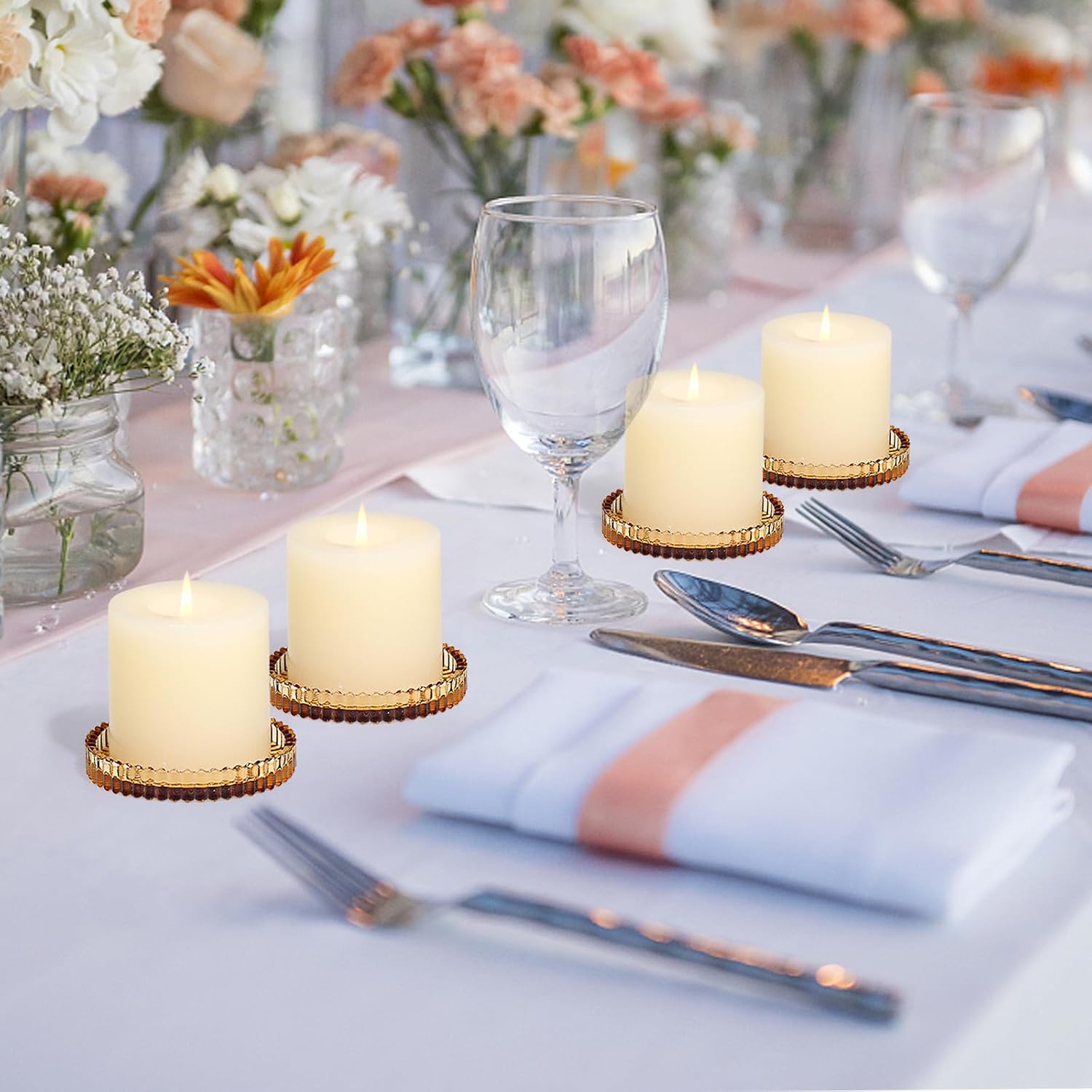 Vixdonos 3.8 Inch Glass Pillar Candle Holder Set Pack 2 Gear Round Plate Serrated Candle Stand for Table Centerpieces,Party, Wedding and Home Decor