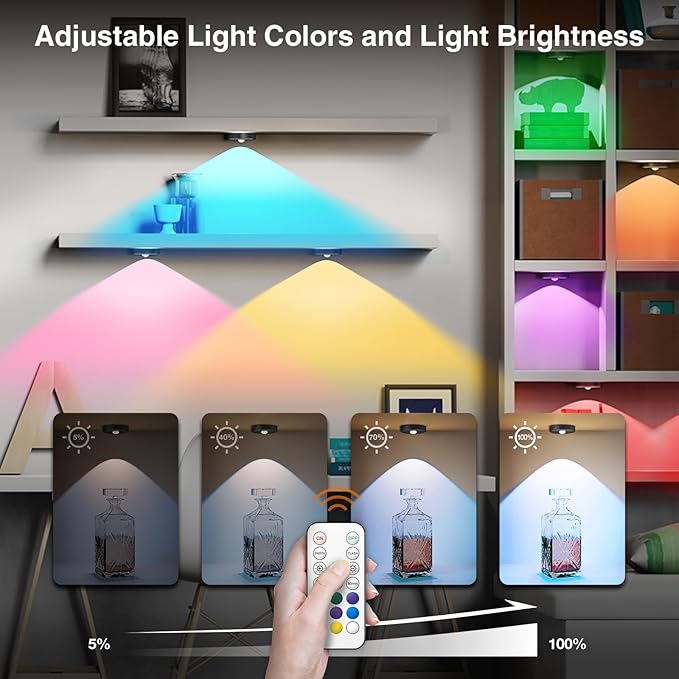 RGB Puck Lights with Remote Control, 2000mAh Rechargeable Stick on Led Lights, 9 Colors & 2 Dynamic, Tap Light with Timing,Under Cabinet Lighting for Closet,Kitchen,Cabinet,Shelf(Black, 5 Pack)