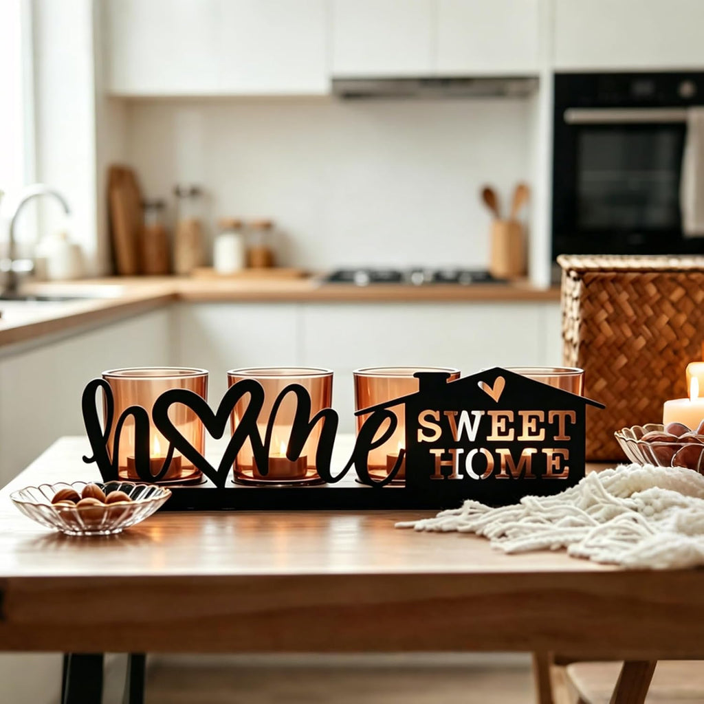 Amber Glass Candle Holder with Farmhouse Wood Tray, Sweet Home Tealight Holder Centerpiece for Dining Table, Rustic Metal Sign Votive Tray for Fireplace Mantel Living Room Decor Housewarming Gift