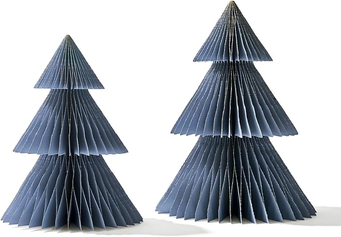 LampLust Winter Ornaments, 2 Pack Dusty Blue Honeycomb Paper Trees, 10 & 12 in, Blue Winter Wonderland Table Centerpieces Decorations for Home Mantel Decor