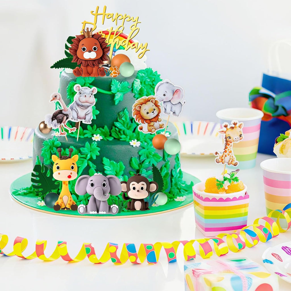 Tallew 42 Pcs Safari Jungle Animal Cake Toppers Wild One Lion Giraffe Elephant Monkey with Leaves Cake Decorations for Wild Zoo Birthday Baby Shower Party Supplies
