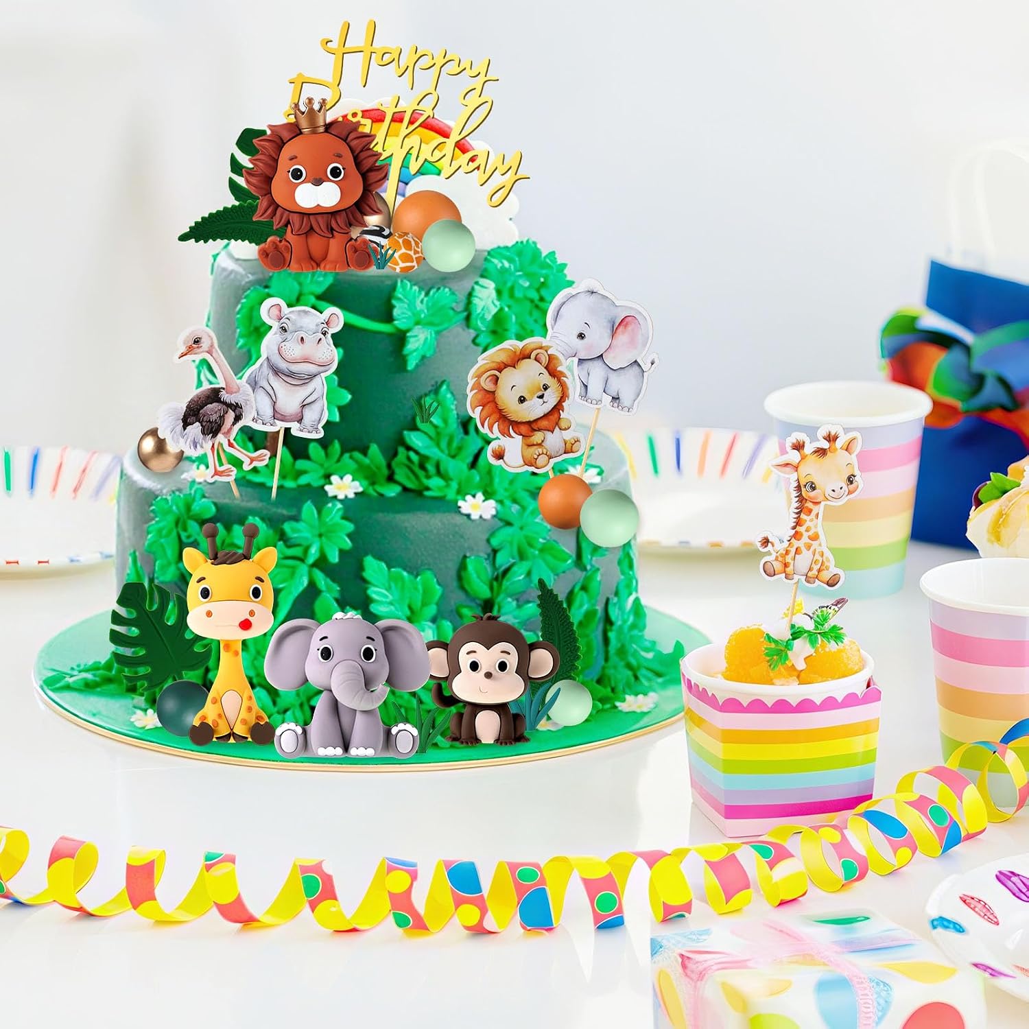 Tallew 42 Pcs Safari Jungle Animal Cake Toppers Wild One Lion Giraffe Elephant Monkey with Leaves Cake Decorations for Wild Zoo Birthday Baby Shower Party Supplies