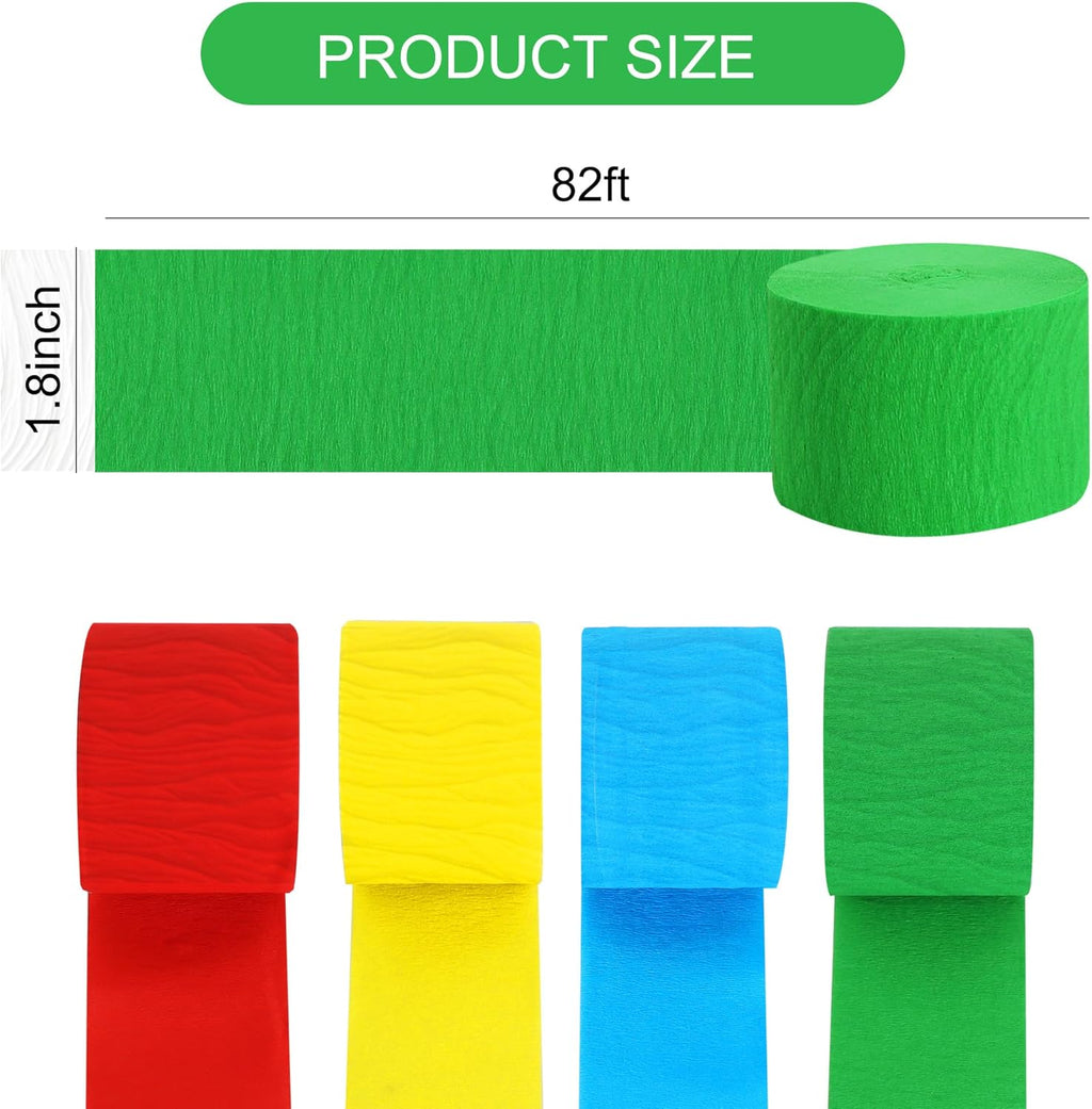 BEISHIDA 8 Rolls Red Yellow Blue and Green Crepe Paper Streamers for Carnival Circus Sesame Street Paw Party Decorations, Birthday DIY Craft Paper(1.8 Inch x 82 Ft/Roll)