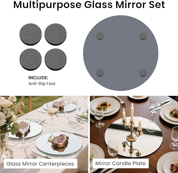 Round Mirror Centerpieces, Set of 12 Pcs 12" Round Glass Mirror Centerpieces for Tables, with Anti Slip Pads, Glass Trays for Wedding Decorations, Parties, Baby Shower Party