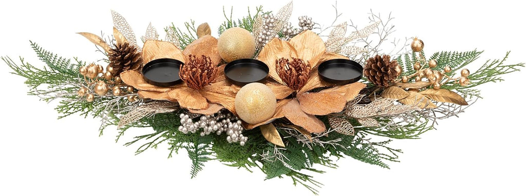 35" Champagne Christmas Centerpiece with Candle Holders, Magnolias Gold Christmas Balls Berries Leaves Branches Pine Cones Pine Needles for Xmas Table Decor, Holiday Candelabrum for Mantel Decorations