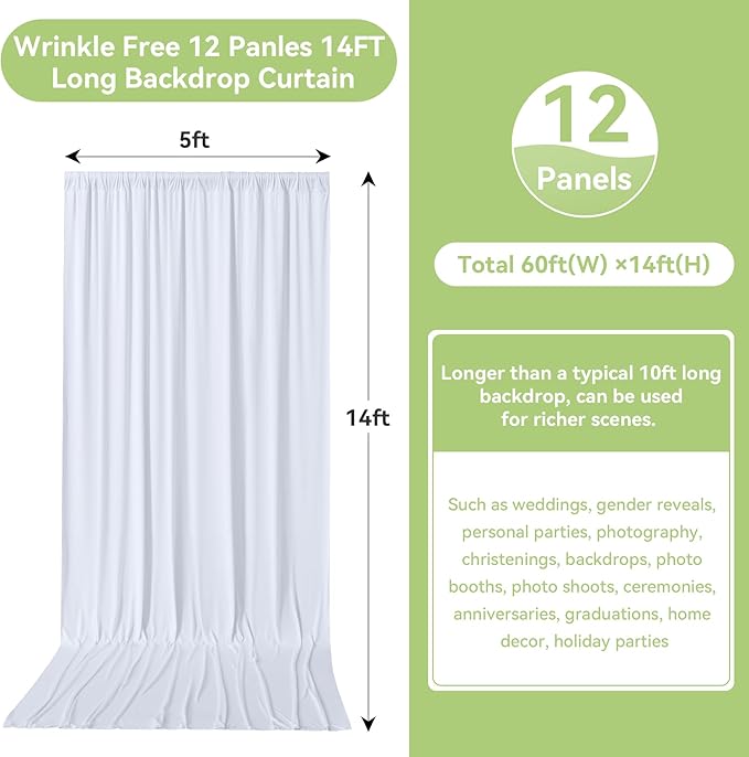 60ftx14FT Wrinkle Free White Backdrop Curtain, 12 Panels 14FT Height White Wedding Backdrop Drapes, Silky Polyester Back Drop Cloth for Birthday Photography Background Party Backdrop Draping