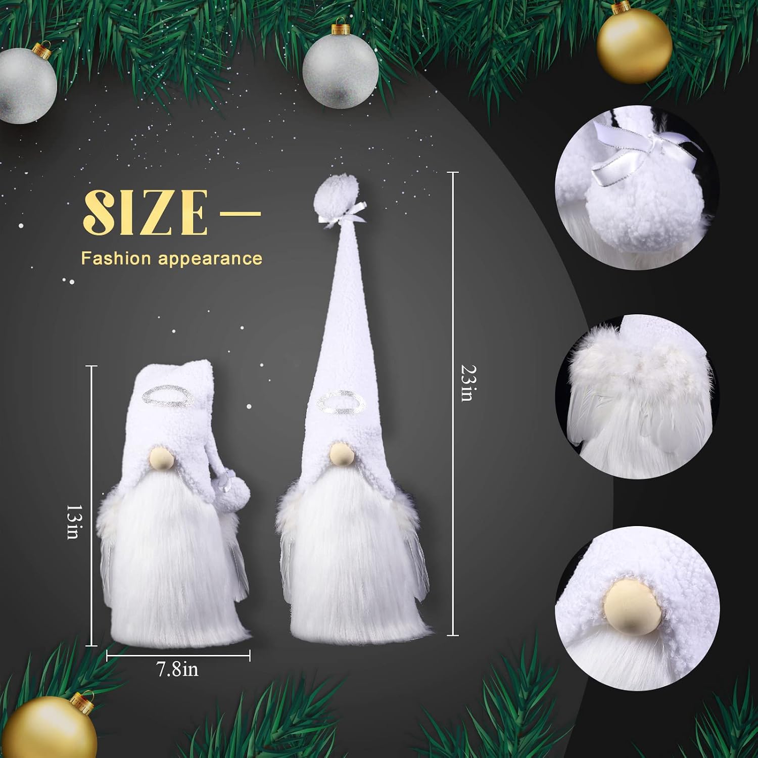 Sratte Christmas Angel Gnomes Treetop 23 Inch White and Silver Gnome Tree Topper and 24 Pcs 4.72 x 4.6 Inch Angel Feather Ornament Plush Christmas Tree Mantel Table Decorations for Xmas Winter Holiday