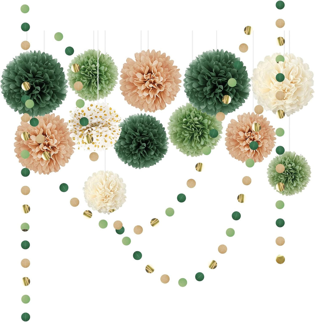 AOBKIAT Wedding Party Decorations Set,15PCS for Green Neutral Baby Shower | Green Khaki Tissue Paper Pom Poms,Garland String Hanging Backdrop for Engagement,Green Boho Themed,Bridal Shower