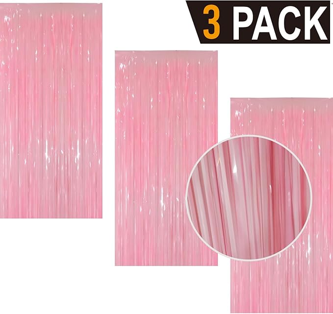 GOER 3.2 ft x 8.2 ft Metallic Tinsel Foil Fringe Curtains Party Photo Backdrop Party Streamers for Birthday,Graduation,New Year Eve Decorations Wedding Decor(3 Packs,Candy Pink)