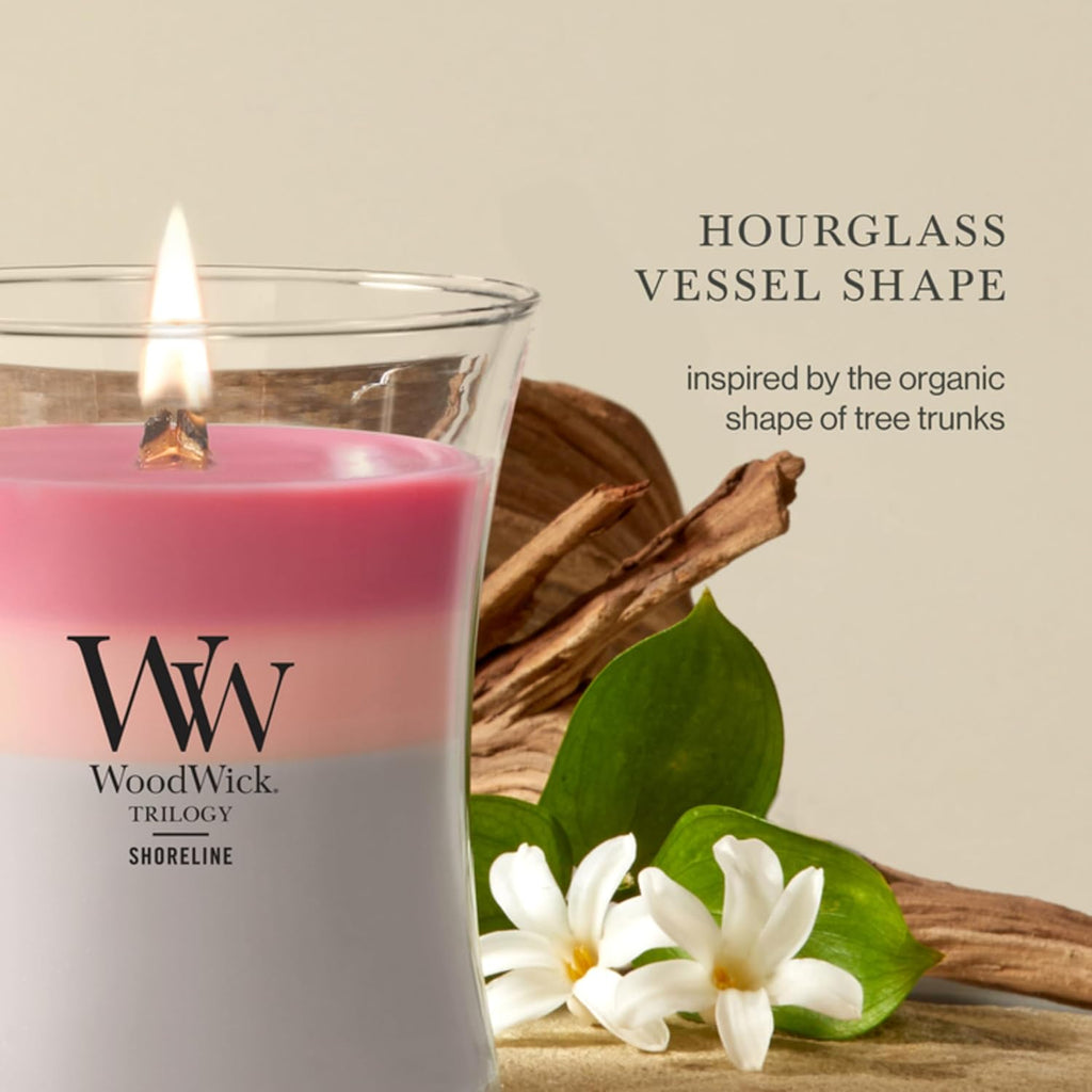 WoodWick Shoreline Trilogy Gifts for Women and Men, 9.7 oz Medium Hourglass Trilogy Candle with Crackling Wick