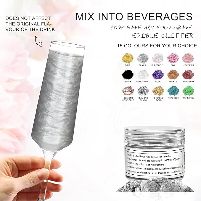 HomeHere Edible Luster Dust Food-Grade Glimmer Powder Glitter for Cake Decorating 7g, Edible Sprinkle Glitter for Cocktails Drinks Baking Candy Dessert Chocolate Vegan Tasteless