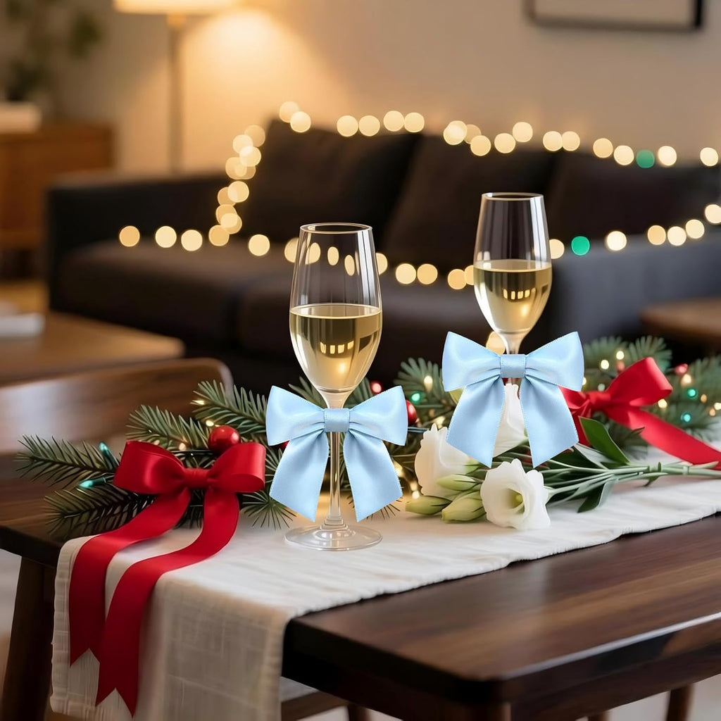 60 Pack Twist Tie Bows 3.3‘’ Craft Bows Satin Ribbon Bow for Gift Wrapping, Treat Bags, Party Favors & Craft Decoration Light Blue