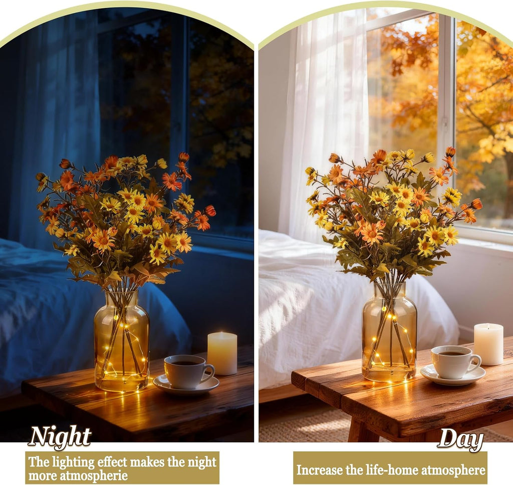 artificial daisy flowers fall flowers in amber glass, side view