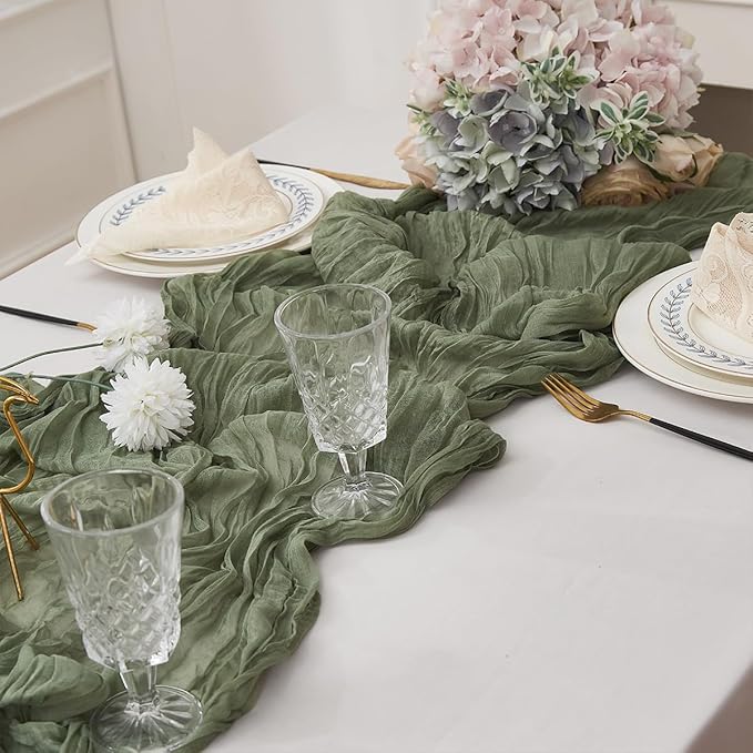 Sage Green 6 Pack Cheesecloth Table Runner 120 Inch 10 FT Boho Rustic Gauze for Wedding Baby Shower Party Farmhouse Summer Home Decor Washable
