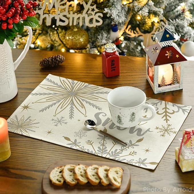 Artoid Mode Beige Snowflake Let It Snow Winter Placemats Set of 8, 12x18 Inch Seasonal Christmas Table Mats for Party Kitchen Dining Decoration