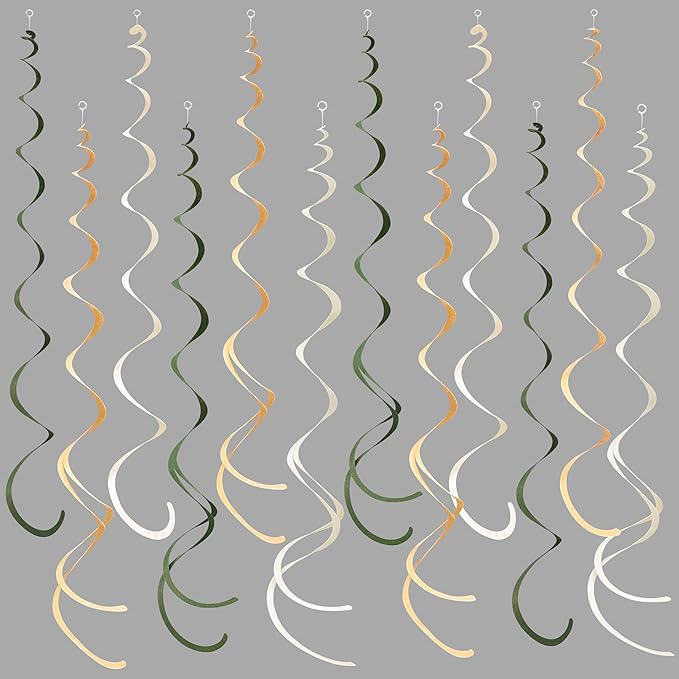 36Pcs Sage Green Hanging Swirl Decoration Olive Green Tan Brown Cream Neutral Felt Swirl Streamer Spiral Ceiling Garland for Greenery Safari Jungle Woodland Birthday Baby Shower Wedding Party Supplies