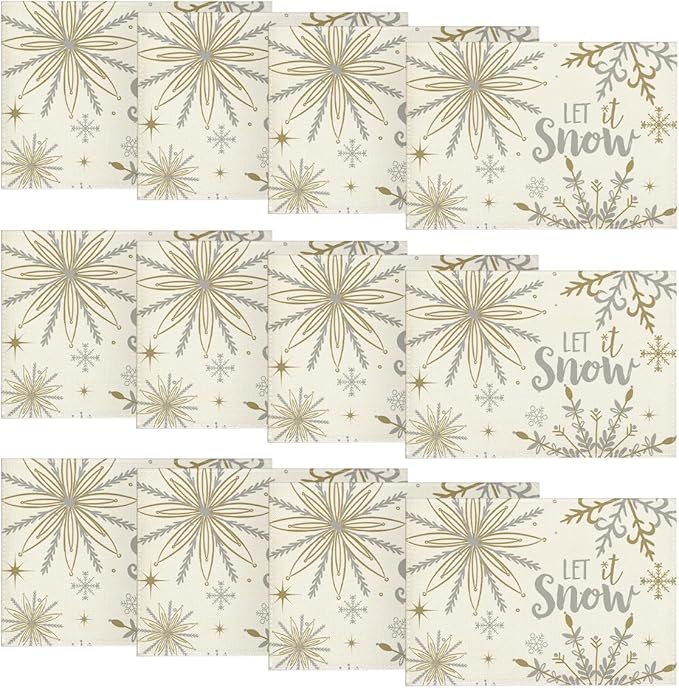 Artoid Mode Beige Snowflake Let It Snow Winter Placemats Set of 12, 12x18 Inch Seasonal Christmas Table Mats for Party Kitchen Dining Decoration