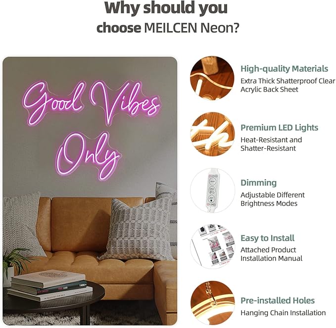 Good Vibes Only Neon Signs for Wall Decor -56.57" x 13.5" Pink large Neon Sign LED Art Decorative Lights with Dimmable for Bedroom Home, Club Bar and Party Decor