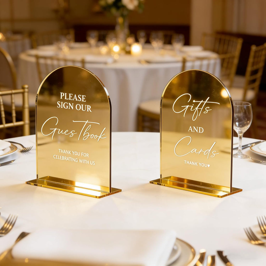 Acrylic Signs with Stand, 5x7 inch Gold mirror, Arched Wedding Table Signs and Base, 1/8" Thick Arch TableTop for Wedding Reception & Event Party Table (Cards and Gifts Sign and Guest Book Sign)